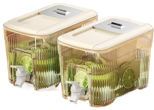 ドリンクサーバー ピッチャー お茶ポット 麦茶ポット 蛇口付き 横置き 蓋付き 6L 大容量 耐熱 漏れない 冷水筒 プラスチック 広口 洗いやすい 冷蔵庫対応 アウトドア 保存容器 (2個,イエロー)