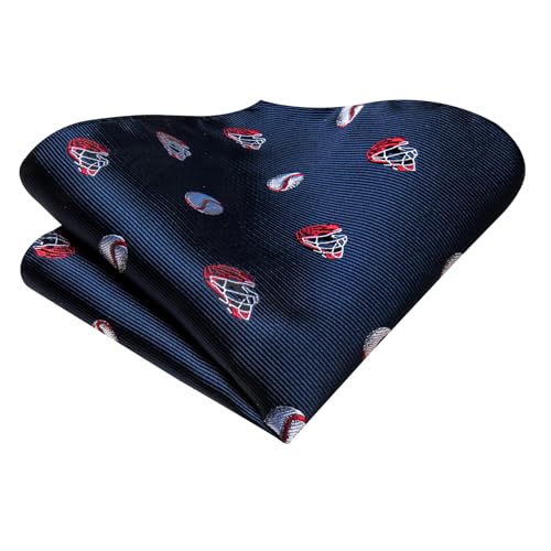 Image of Hi-Tie Blue And Red Baseball Necities for Men Set Woven Classic Tie and Pocket Square Lapel Pin Silver Tie Clip Cufflinks Set Wedding Business 6PCS
