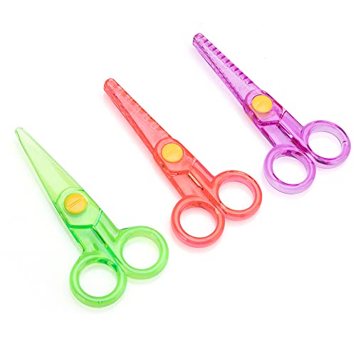 Child-Safe Plastic Scissors Set by Phildim (3 Pack with 3 Different Patterns Straight/Wavy/Zigzag, Rounded-tip, 12.4CM) - 4.9’’ Safety Blunt Pre-School Kids Toddler Training Scissors PD-039-UK-B