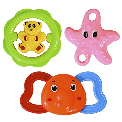 Image of WISHKEY BPA Free Rattles and Teether Toys for Baby, Plastic Soft Soothing Teather Toy for Newborn Babies, Colorful Attractive Non-Toxic Rattle Set for Infants (Pack of 3, Multicolor)