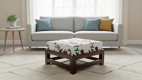 Sheesham Wood Low Height Cushioned Ottoman Stool Wooden Seating P...