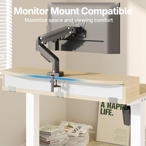 Image of HUANUO 32 inch X 21 inch Electric Standing Desk with 2 Drawers, C-Clamp Mount Compatible, Height Adjustable Computer Desk, Home Office Stand Up Desk with 4 Preset Heights & 2 Hooks, Light Walnut