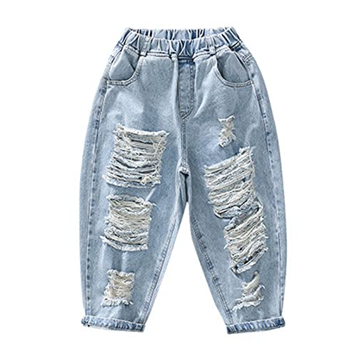 Kids Girls Ripped Jeans Elastic Waist Hole Destroyed Denim Pants Washed Denim Trousers Cool Jeans