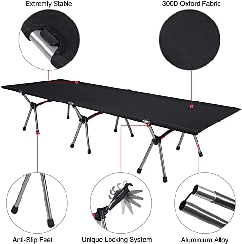 REDCAMP Ultralight Camping Folding Bed for Adults with Leg Extenders, Lightweight Durable Compact Camping Tent Cot Portable Aluminum Sleeping Cot for Hiking Outdoor Travel, Black-2 Heights
