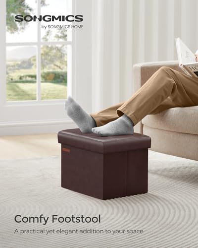 Image of SONGMICS Small Folding Storage Ottoman, Foot Rest Stool, Cube Footrest, Synthetic Leather, 12.2 x 16.1 x 12.2 Inches, 286 lb Capacity, for Living Room, Bedroom, Dorm, Chestnut Brown ULSF100K02