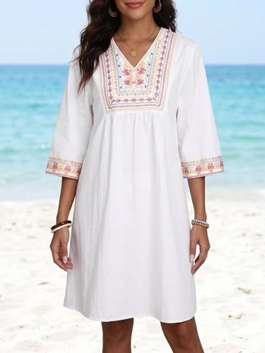 Image of LauraKlein Mexican Embroidered Dress for Women Plus Size Boho 3 /4 Sleeve Summer Dresses Fiesta V-Neck Casual Vacation Clothes