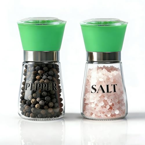 Salt and Pepper Grinder Set of 2 - Refillable Mills & Shakers with Adjustable Coarseness, Easy Clean for Kitchen, Restaurant & Outdoor (Green)