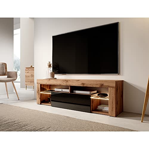 Selsey Hugo - Meuble TV/Banc TV 140 cm (avec LED, Noyer Caravaggio/Noir Brillant)