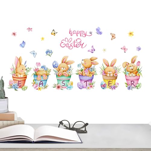 Decoraciones de ventana para Pascua - 2 hojas de pegatinas de Pascua con huevo, conejo y maceta de flores | Pegatinas transparentes - para casa, salón, dormitorio, habitación de bebé y