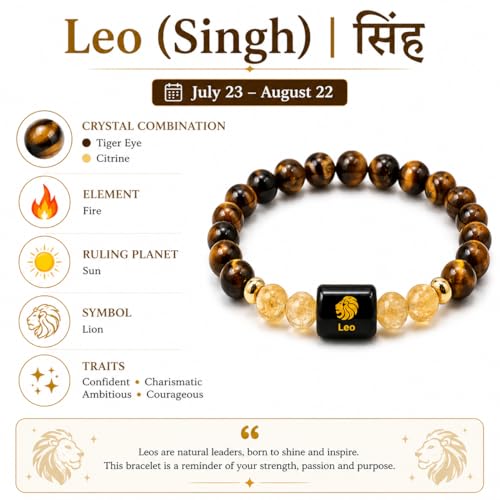 Image of Leo Zodiac Bracelet (सिंह राशि) | Certified Healing Crystal for Confidence, Motivation & Positive Energy | Original Tiger Eye & Citrine | Bracelet for Man & Woman | Gift for Man & Woman