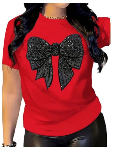 Image of RoseSeek Women's Rhinestone Sequin Bowknot Graphic Tees Short Sleeve Crewneck Summer Tops Going Out T Shirt