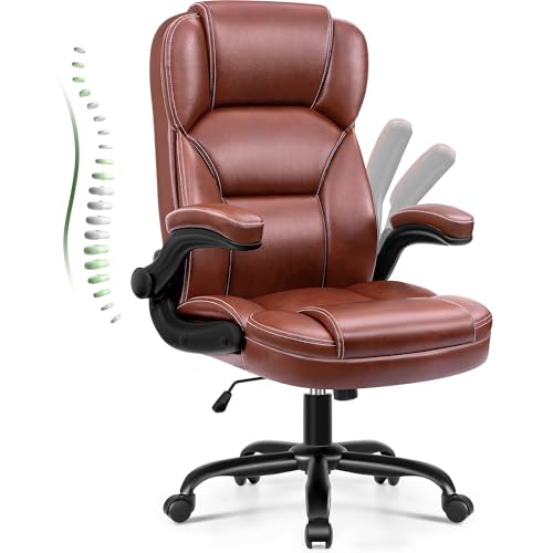 Image of Brick Attic Leather Office Chair with Flip Up Arms, 360° Swivel Ergonomic Desk Chair with Rocking Function, Adjustable Height Computer Chair with Padded Seat for Home Office, Study Room, Brown