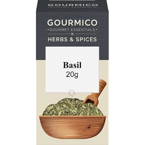 GOURMICO Dried Basil, An Ideal Herb for Soups, Salads, Meat & Fish Dishes Or Partnered with Puree's and Sauces. Suitable for Vegetarians and Vegans, 20g Pack, Dark Grey/White Cover