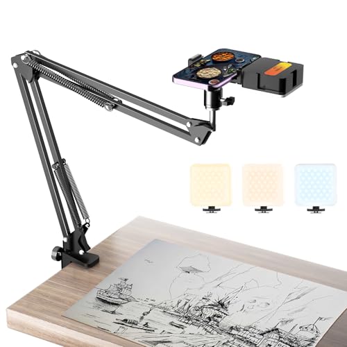 Overhead Phone Mount with Rechargeable Light for iPhone, Desk Tripod with Clamp for Content Creator...