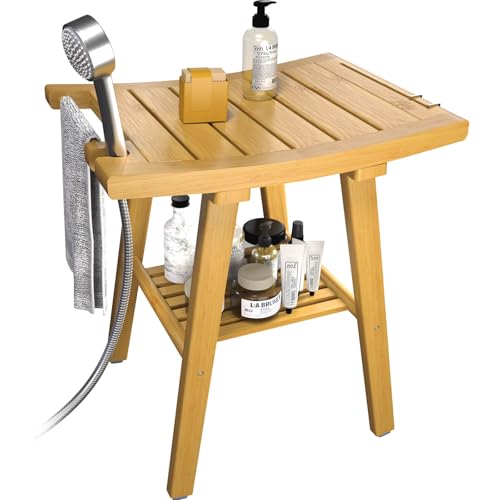 Bamboo Shower Bench Stool, Shower Chair for Inside Shower with 2-Tier Storage Shelf, Waterproof...