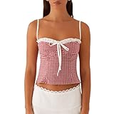 Womens Sexy Lace Trim Camisole Tank Tops Y2k Slim Fit Corset Going Out Streetwear Ruffle Spaghetti Strap Night Club Casual Aesthetic Vintage Coquette Summer Cami Crop Tops (Gingham Red, M)