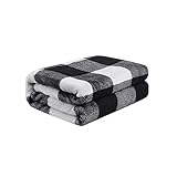 PICCOCASA Manta Cama Polar de Franela a Cuadros, Blanco y Negro 75 x 100 cm