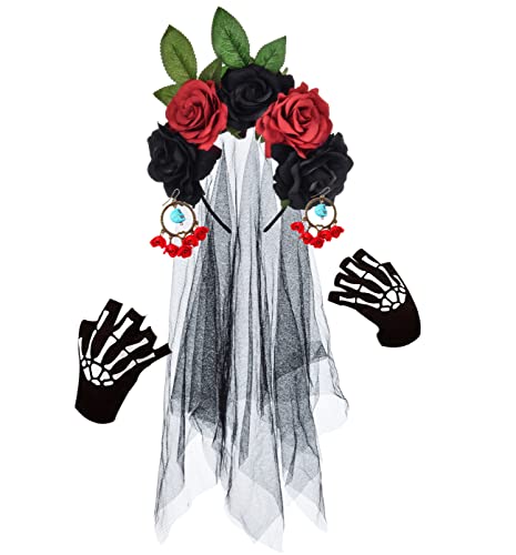 Funsveta Halloween Headband Day Of The Dead Headpiece Flower Hairband Party Festival Fancy Dress Cosplay (Flower Headband+Skeleton Gloves Earrings) #TOP6