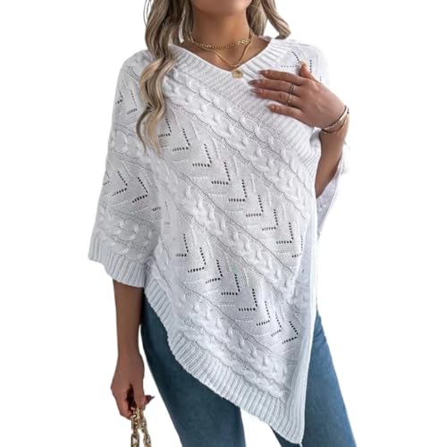 Womens Knitted Sweater Cape Shawls Casual V-Neck Wrap Pullover Tops 3/4 Sleeve Asymmetric Hem Poncho Sweater