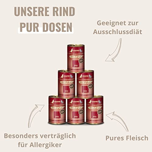Escapure Rind Pur Dose 6 x 400g - Nassfutter für Hunde - 100% pures Rindfleisch Nassfutter - Premium Dosenfutter Rind ohne Zusatzstoffe - Hunde Ergänzungsfuttermittel frei von Getreide