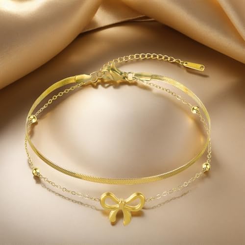 Image of Lcbulu Gold Ankle Bracelets for Women - 14k Gold Plated Waterproof Layered Lightweight Simple Chain Bow Anklets Set Adjustable Beach Fashion Jewelry