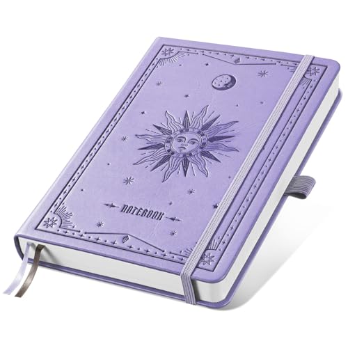 Image of EMSHOI Lined Journal Notebook, 192 Numbered Pages, A5 Size (5.7'' x 8.3'') | Leather Hardcover, 100 GSM Thick Paper, for Women & Men, Journaling, Writing, Work & Office, Sun Debossed (Light Purple)