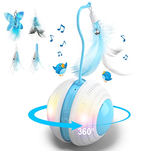 Interactive Cat Ball Toys with Bird Sound, Led Light, Detachable Protective Rubber Shell, USB Charging, Automatic 360° Rolling, 2 Feathers & Bell, Robotic Cat Moving Toys for Indoor Cats (white）)