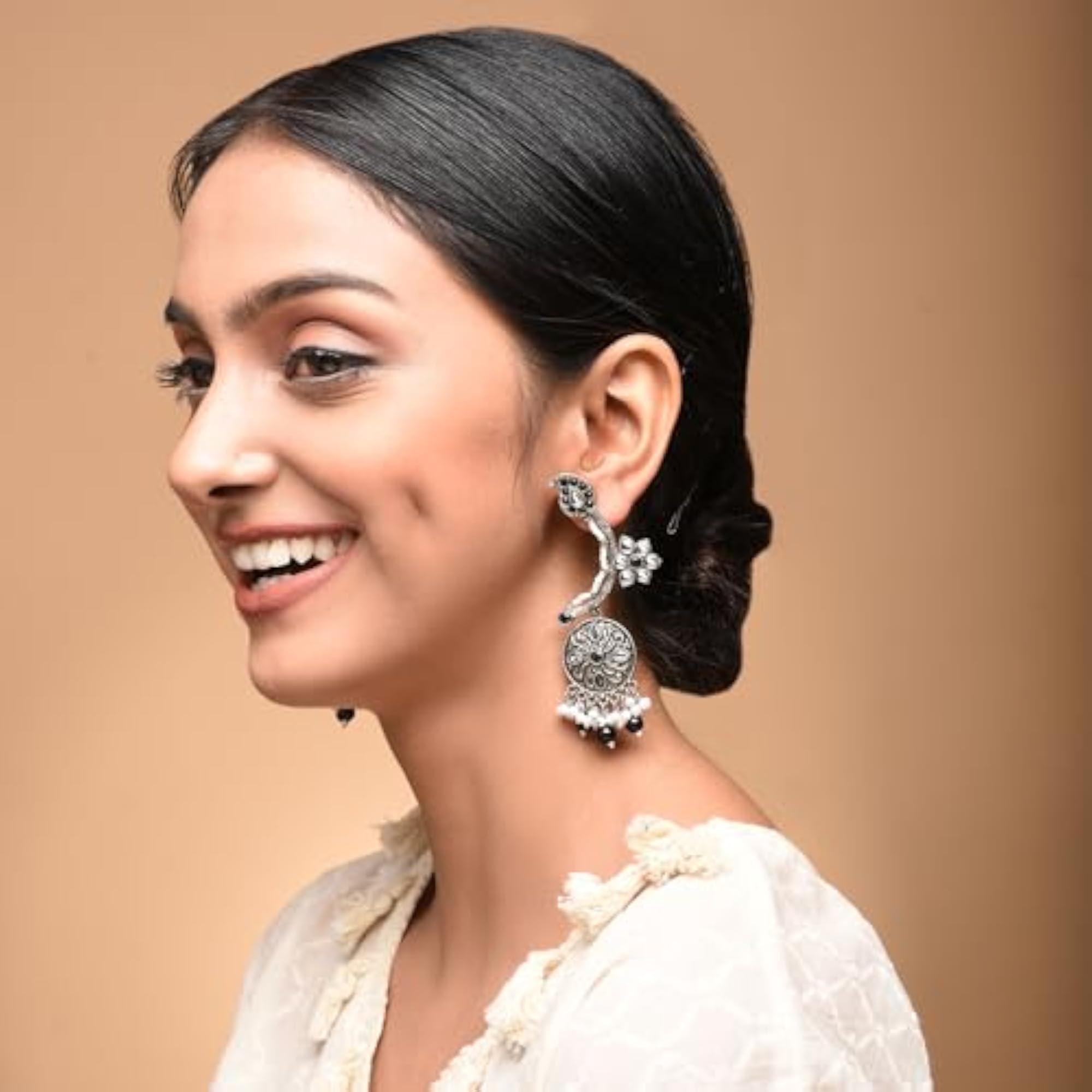 Oxidised Chaand Ambi Beaded Earrings Anti Tarnish, Light Weight