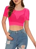 Mesh Tops for Women Short Sleeve Sheer Crop Top See Through Summer T Shirt Clubwear(Neon Pink,M)
