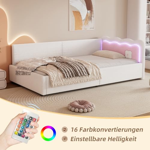 Polsterbett Schlafsofa 90x200 cm, L-förmiges Einzelbett mit LED, Gästebett Daybett Tagesbett, Bettgestell mit Lattenrost, Ohne Matratze, Weiß – Bild 4