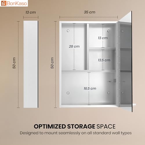 Image of BonKaso Premium Bathroom Cabinet with Mirror | 304 Stainless Steel Mirror Cabinet for Wash Basin & Bathroom Wall | Wall-Mounted Storage with Shelf (14x20 Inch, Chrome Finish)