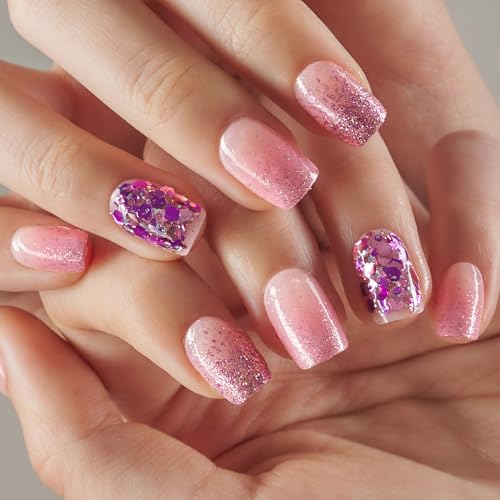 Curvlife Press On Nails Pink Diamond Acrylic Short Fake Nails Design Stick On Nails Tips, Glue On Nails False Nails For Women Nail Kit