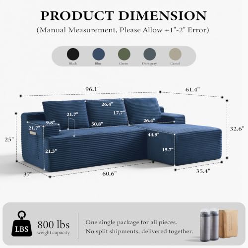 Image of 96 inch Sectional Couches for Living Room Cloud Couch Sofa with L-Shape Upholstered Boneless Couchs Modern Modular Sectional Couch with Chaise