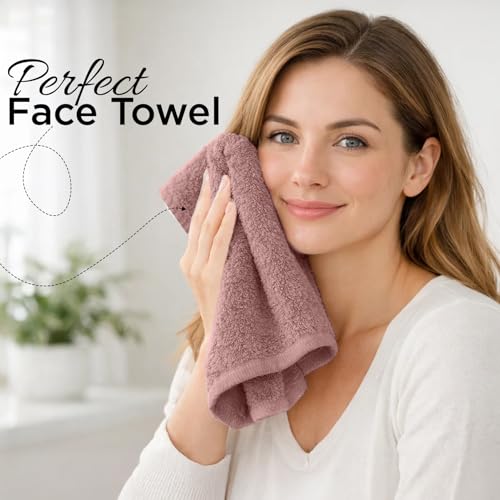 Image of DAN RIVER 12-Pack Premium 100% Cotton Dusty Rose Face Towels for Bathroom - Reusable Face Wash Cloths for Showering 12x12 Inches - 550 GSM Super Soft & Absorbent Luxury WashCloths for Body, Spa & Gym
