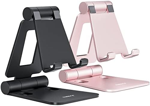 Nulaxy 2 Pack Dual Folding Cell Phone Stand, Fully Adjustable Foldable Desktop Phone Holder Cradle Dock Compatible with iPhone 17 16 15 14 13 12 Pro Max Xs Xr, All Phones, Black & Rose Gold
