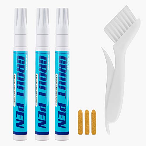 NADAMOO Grout Pen White Grout Coating Whitener Grout Cleaner Brush Restore Renew Bathroom Kitchen Grout Tile Wall Floor Line Scratch Repair Furniture Touch Up Marker White - 3 Pen, 1 Brush, 3 Nibs