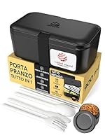 Umami Porta Pranzo Lunch Box Impilabile Con 4 Scomparti E Posate, Sicuro Per Microonde, Lavastoviglie, Portapranzo Ufficio, Bento Lunchbox Ermetico Per Adulti, Schiscetta Pranzo, Onyx, 900 ml