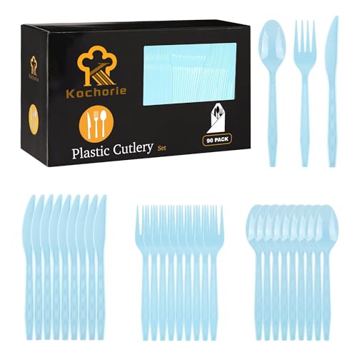 Kochorie 90 Pieces Light Blue Plastic Cutlery Set Disposable Plastic Utensils Heavy Duty Flatware Set Includes 30 Knives 30 Forks 30 Spoons for Wedding Birthday Baby Shower Party Supplies
