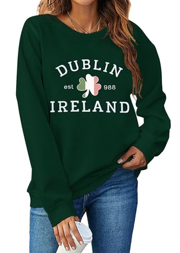 BEIDEFY St. Patricks Day Sweatshirt Women Lucky Shamrock Long Sleeve Shirt Dublin Ireland Pullover Tops Dark Green