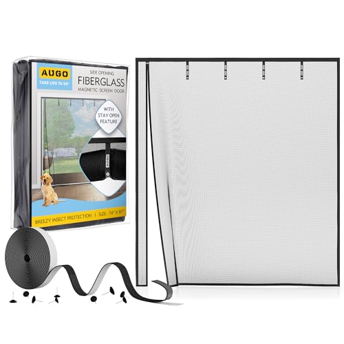 Image of AUGO Fiberglass Magnetic Screen Door Reversible Left Right Side Opening - Self Sealing, Heavy Duty, Hands Free, Keeps Bugs Out - Pet and Kid Friendly - Patent Pending Keep Open Feature - 74 inch x 81 inch