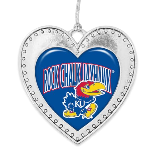 Kansas Jayhawks Rock Chalk Jayhawk Christmas Heart Shape Silver Metal Ornament Gift Tree Decoration KU