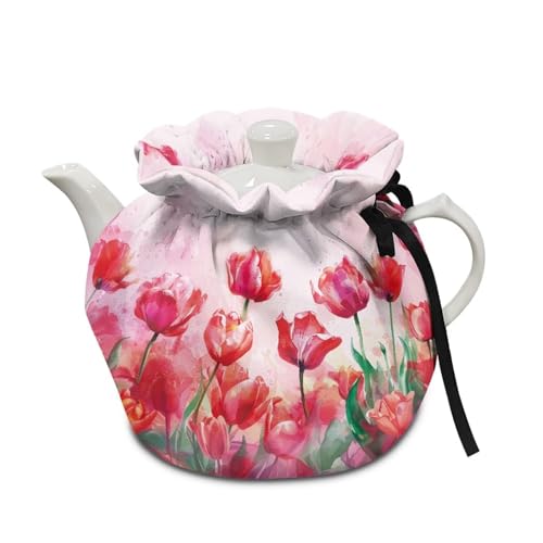 LedBack Floral Tea Pot Cozies Dustproof Washable Kitchen Home Decorative Tea Pots Cover Insulation and Keep Warm Both Sides, Tulips Pattern