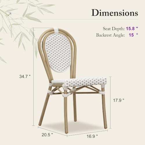 PURPLE LEAF Patio Dining Chair Set of 1 Outdoor French Aluminium Frame in Champagne Finish with White & Gray Woven Rattan for Indoor Kitchen Deck Bistros Cafe Restaurant — view 2