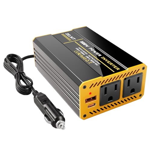ZELMT 300W Car Power Inverter 12V DC to 110V AC Converter, Dual AC Outlets, USB-C & QC3.0 Fast Charging Car Adapter, Portable Vehicle Plug Outlet for Laptop, Phone, Tablet, Camping & Emergency
