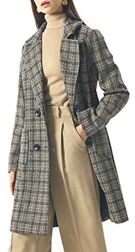 Image of chouyatou Women Elegant Notched Collar Double Breasted Wool Blend Over Coat (X-Large, Coffee-Plaid)