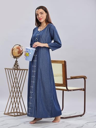 Image of 9shines Label Comfortable Cotton Denim Finish Nightdress for Women with Button Placket and Pocket(9SDLSS)