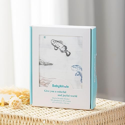 Image of BabyWhale Muslin Swaddle Blanket with Hat and Headband Bow, Marine Animals Pattern Swaddle Set for Baby Boys ＆ Girls, Unisex Newborn Soft Receiving Swaddle Wrap, 47x47 inches