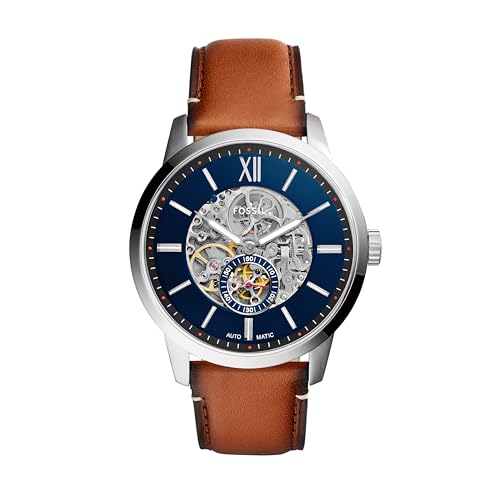 Fossil Mens Watch Townsman Automatic Stainless Steel and Leather Three-Hand Skeleton Watch Color: Silver Luggage