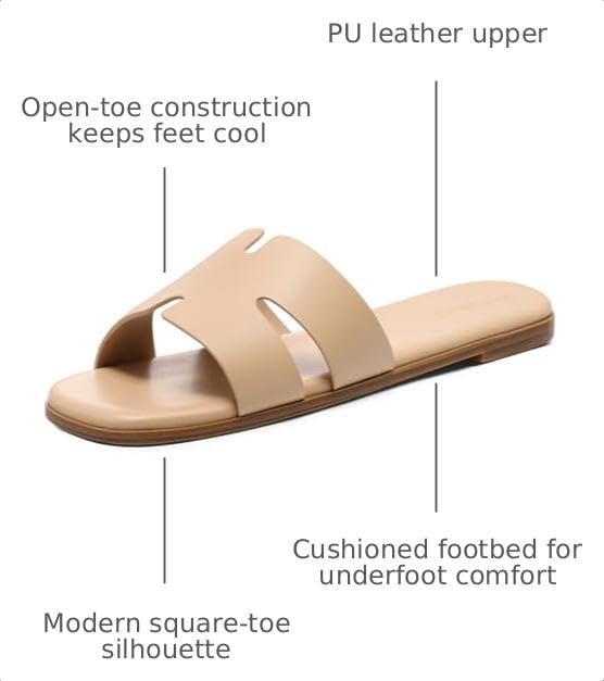 Image of KIDMI Women's Dressy Flat Sandals Comfortable Slip On Summer Leather Slides | Soft Premium PU Upper, Cushioned Footbed, Lightweight Square Toe Sandals