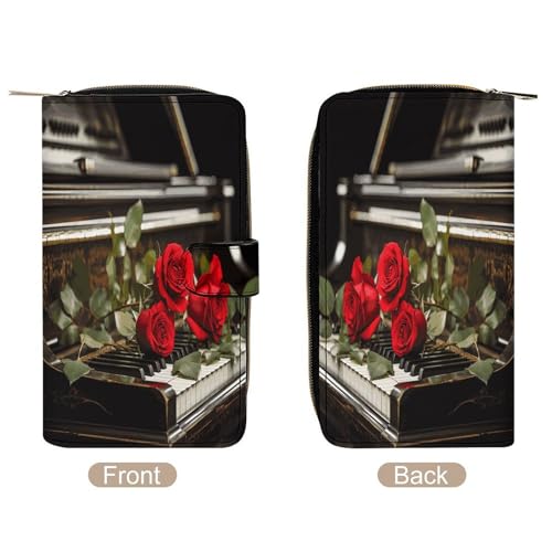 Womens Wallets Leather Ladies Wallet Large Red Rose on Piano Printed Long Travel Clutch Wallet for Women3